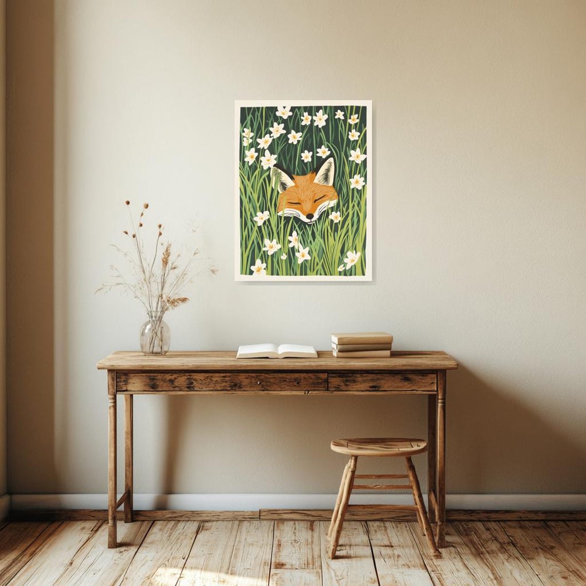 Peaceful Sleeping Red Fox Hidden Among White Wildflowers Poster - Image 3