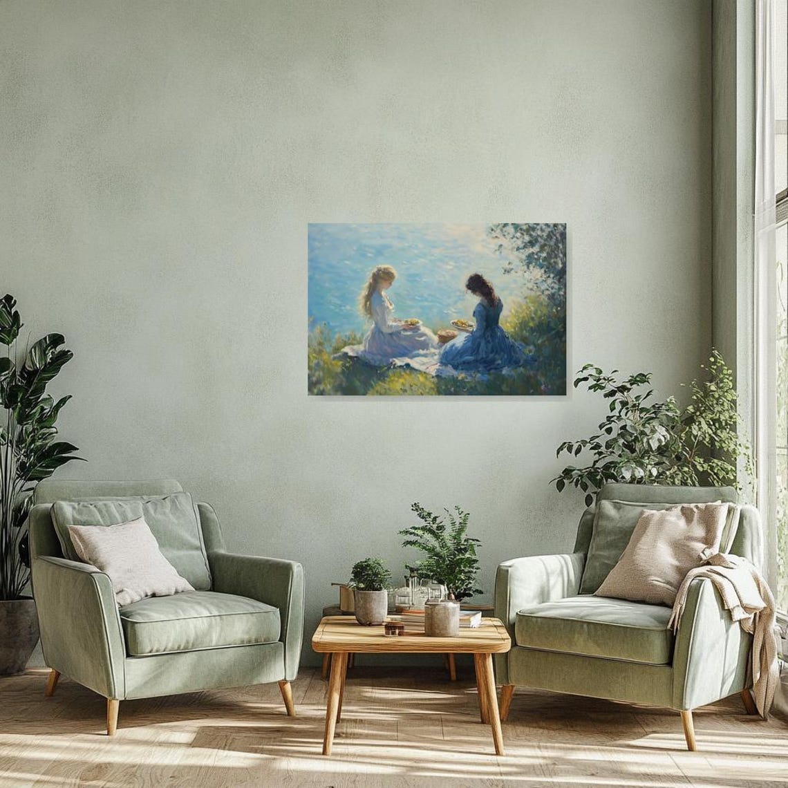 Two Women Picnicking by the Water Impressionist Summer Poster - Image 2