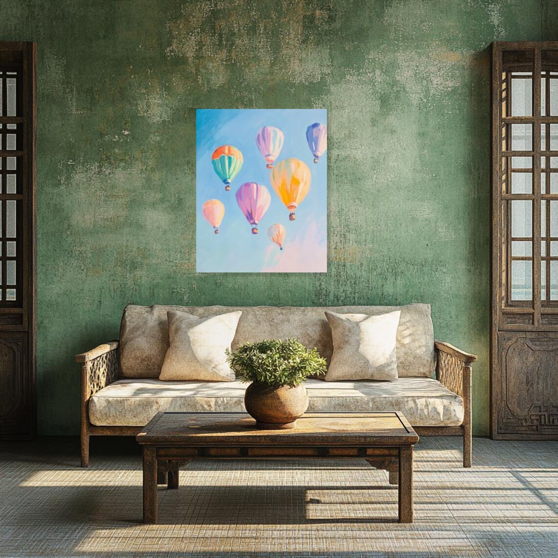 Dreamy Pastel Hot Air Balloons Bright Blue Sky Travel Poster - Image 3