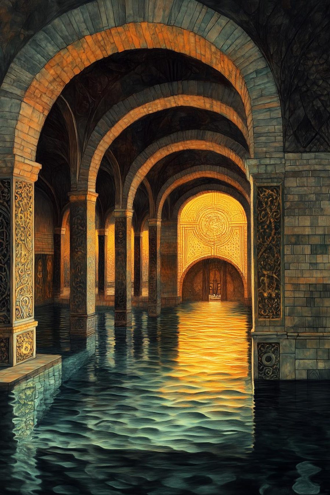Flooded Ancient Vaulted Stone Hall Bathed in Warm Golden Light Poster