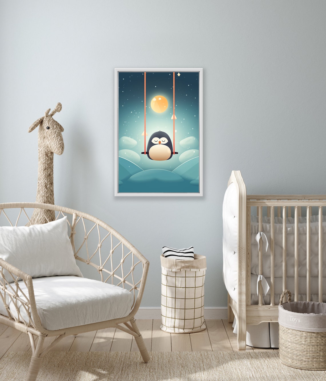 Sleepy Penguin on a Swing Under the Moon Cute Nursery Art Poster - Image 2