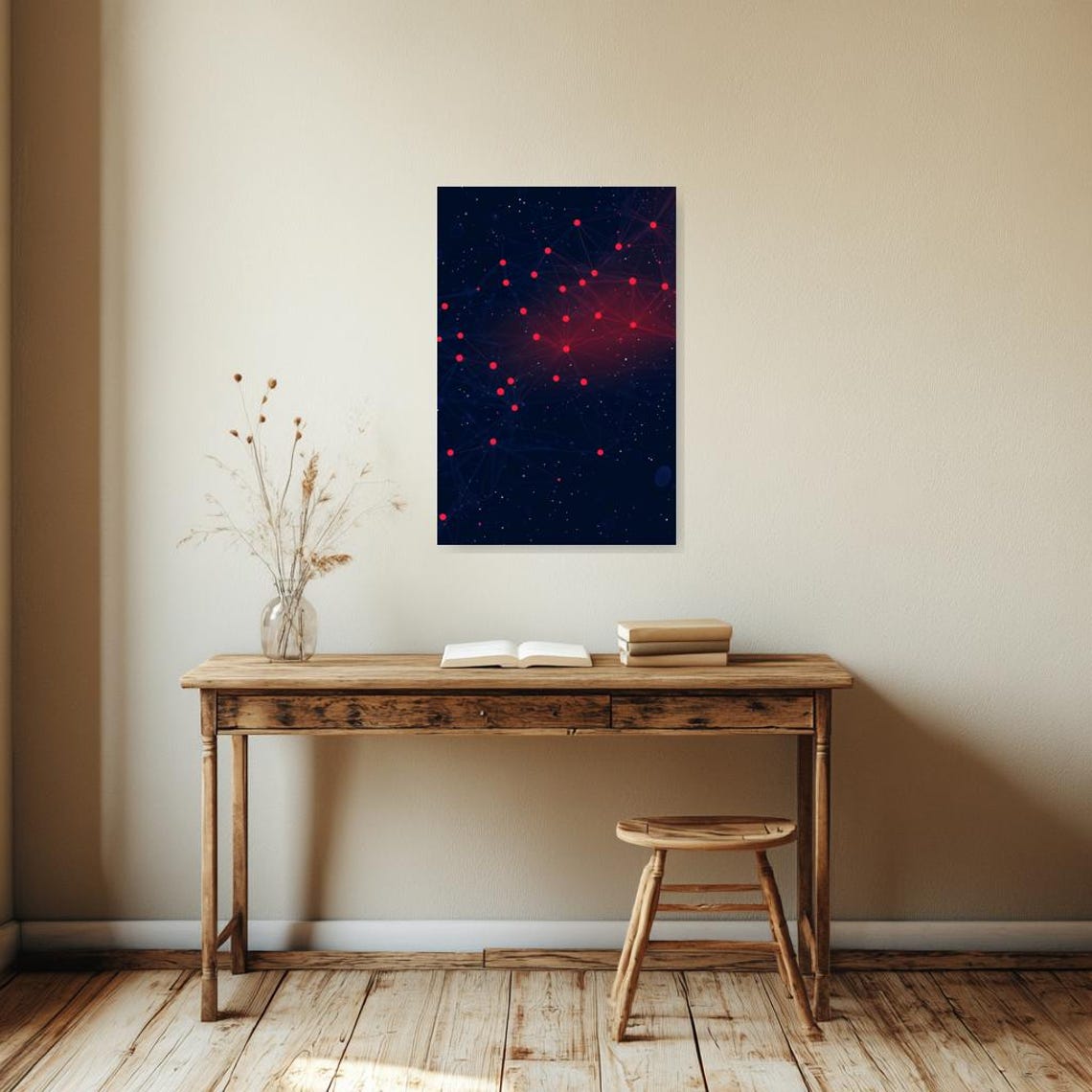 Cosmic Network Red Nodes Dark Navy Plexus Abstract Art Poster - Image 2