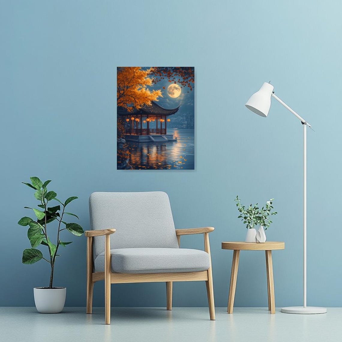 Chinese Moonlit Lakeside Pavilion With Lanterns Autumn Night Poster - Image 3