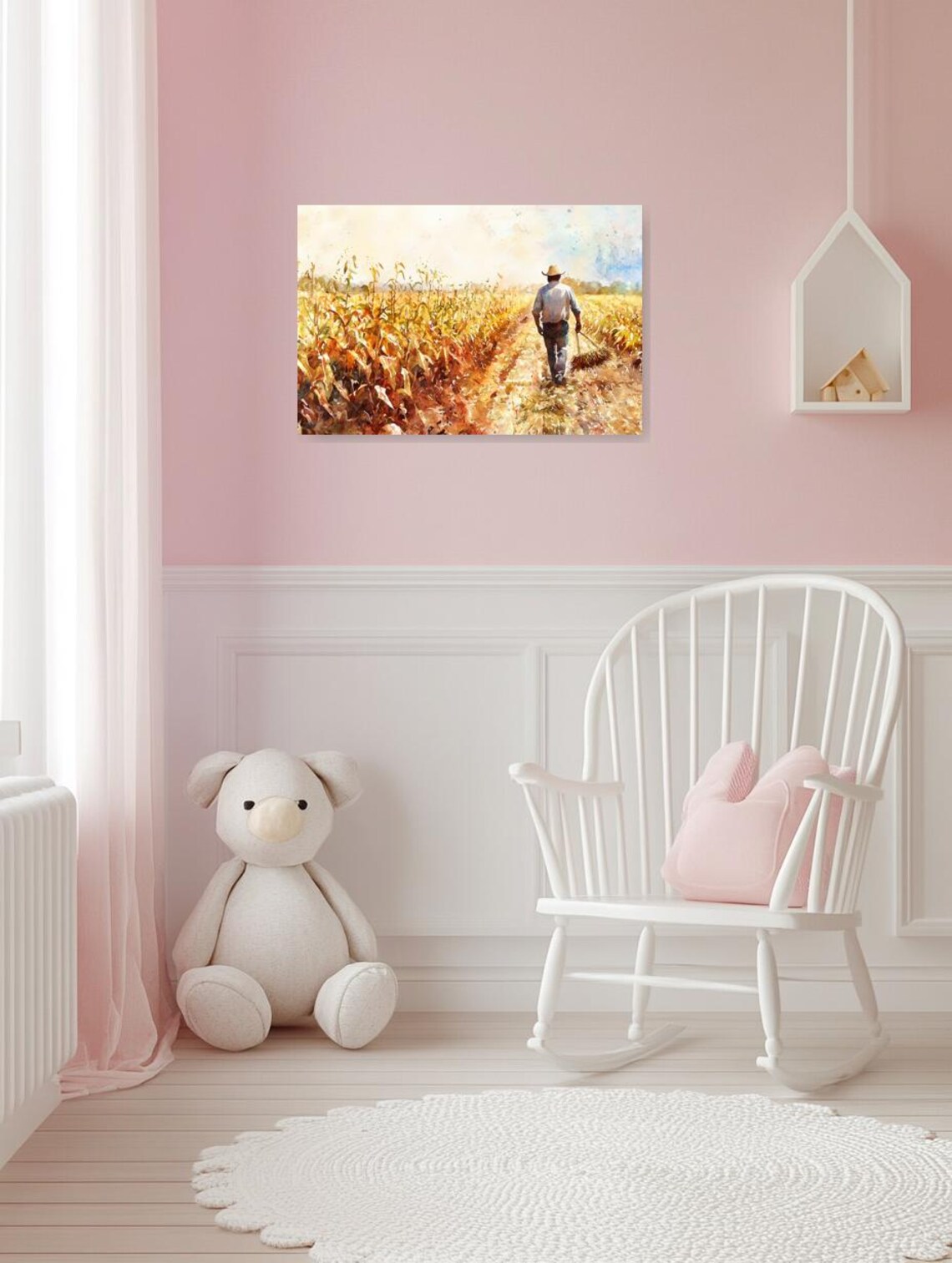 Farmer Golden Corn Field Harvest Watercolor Rural Scene Poster - Image 3