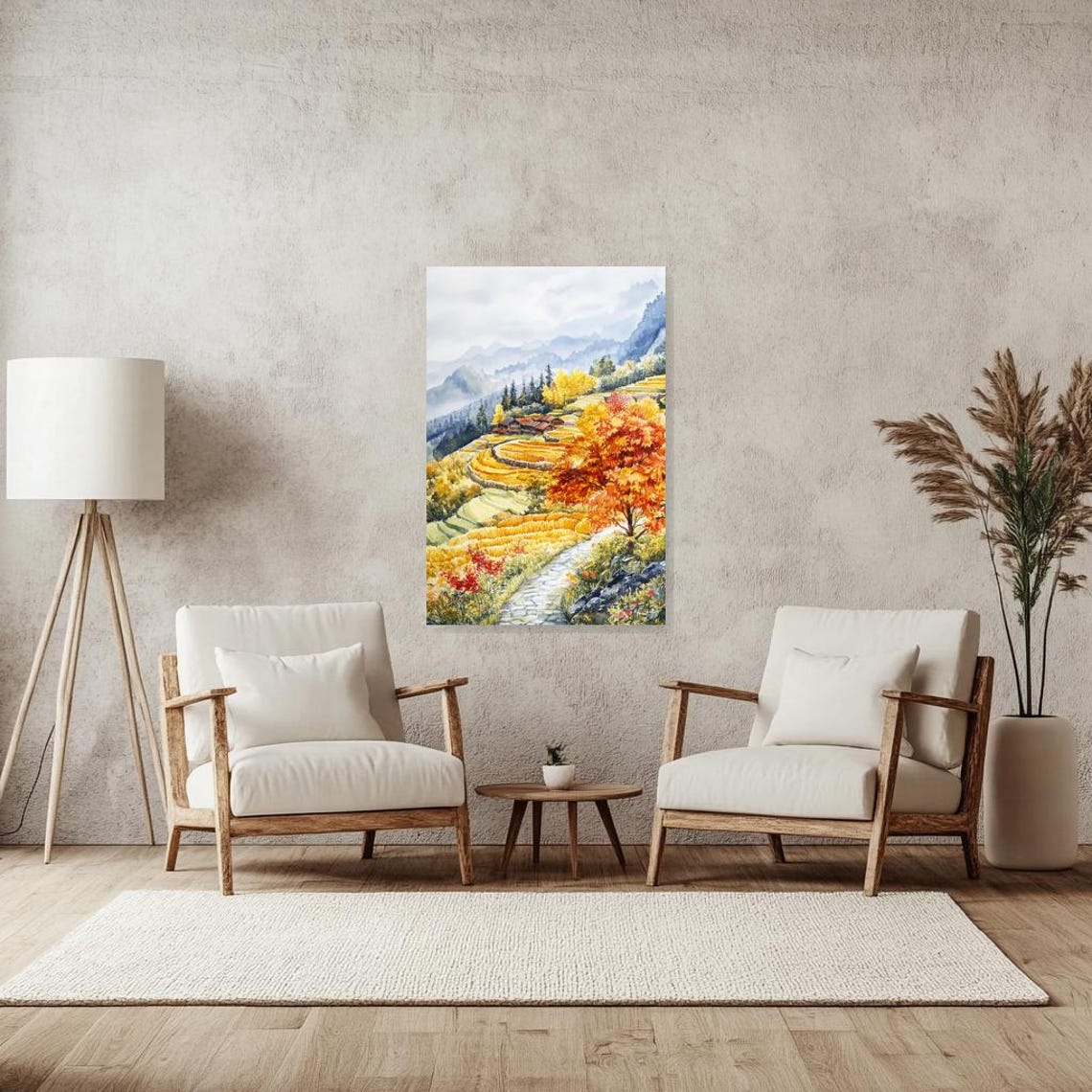 Rustic Golden Autumn Terraced Hills Village Watercolor Poster - Image 2
