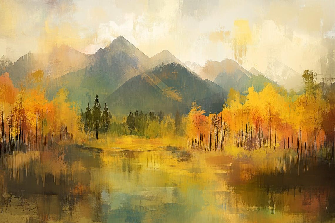 Golden Autumn Mountains Mirrored In Lake Impressionist Poster