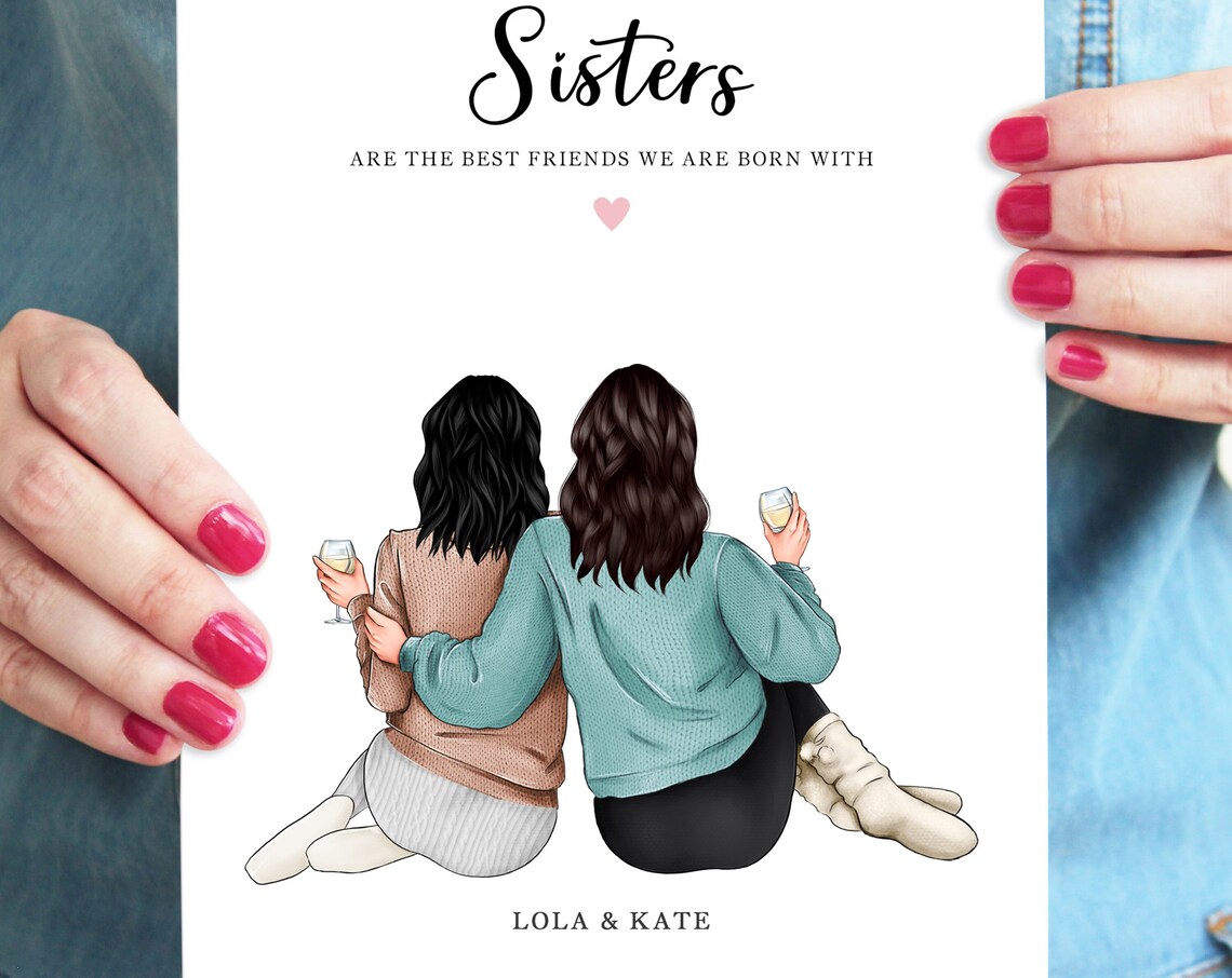 Sisters Portrait Personalized Gift, Sibling Illustration - Image 4