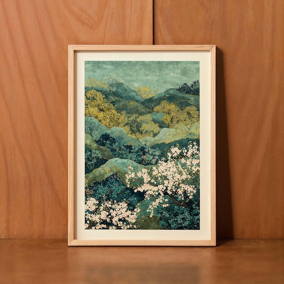 Japanese Mountain Cherry Blossom Teal Gold Landscape Art Poster