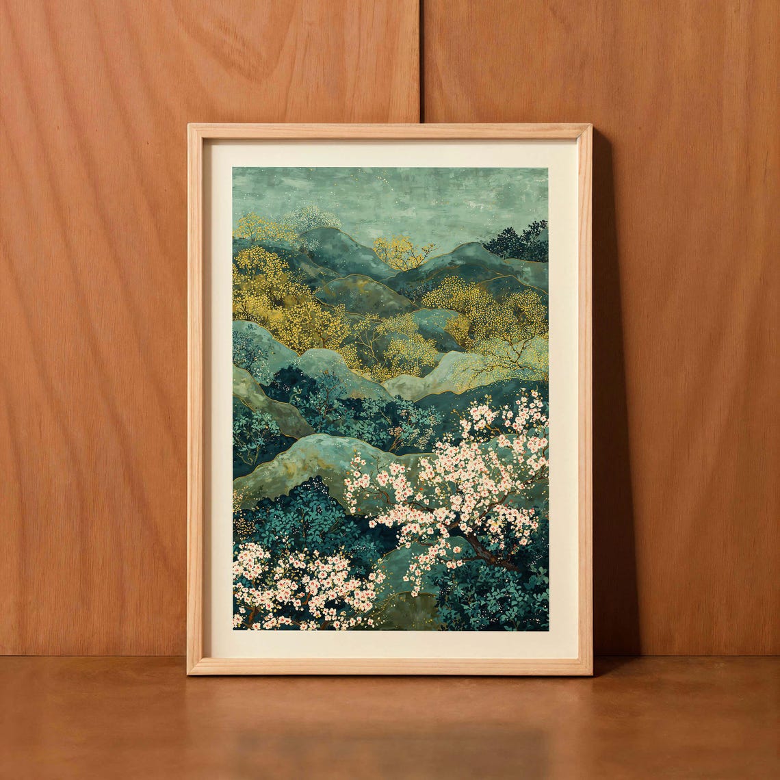 Japanese Mountain Cherry Blossom Teal Gold Landscape Art Poster