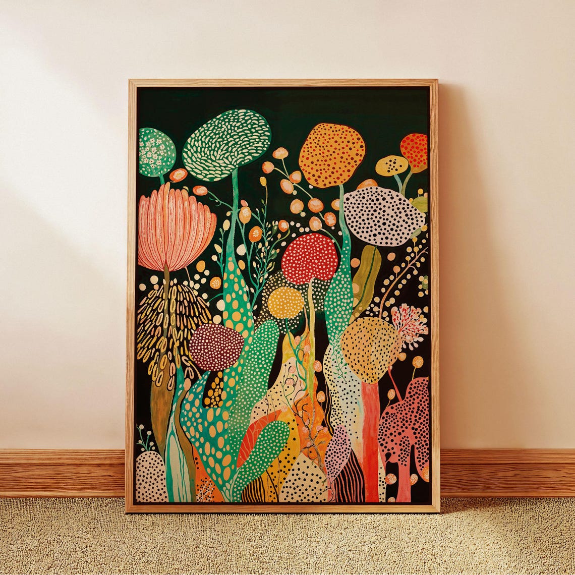 Yayoi Kusama Midnight Garden Dotted Stems Flower Artwork Poster