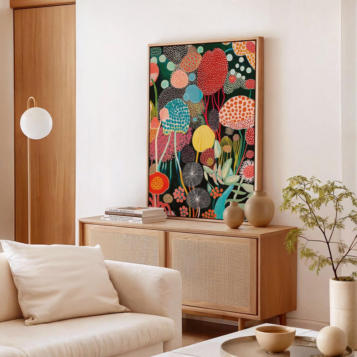 Kusama Inspired Dark Background Dotted Abstract Floral Wall Art - Image 3