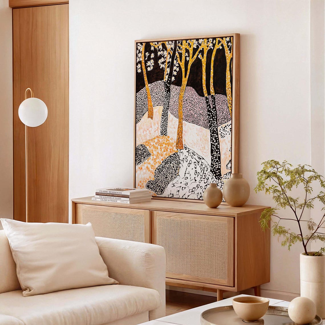 Golden Dotted Tree Trunks Kusama-Inspired Forest Landscape Poster - Image 3