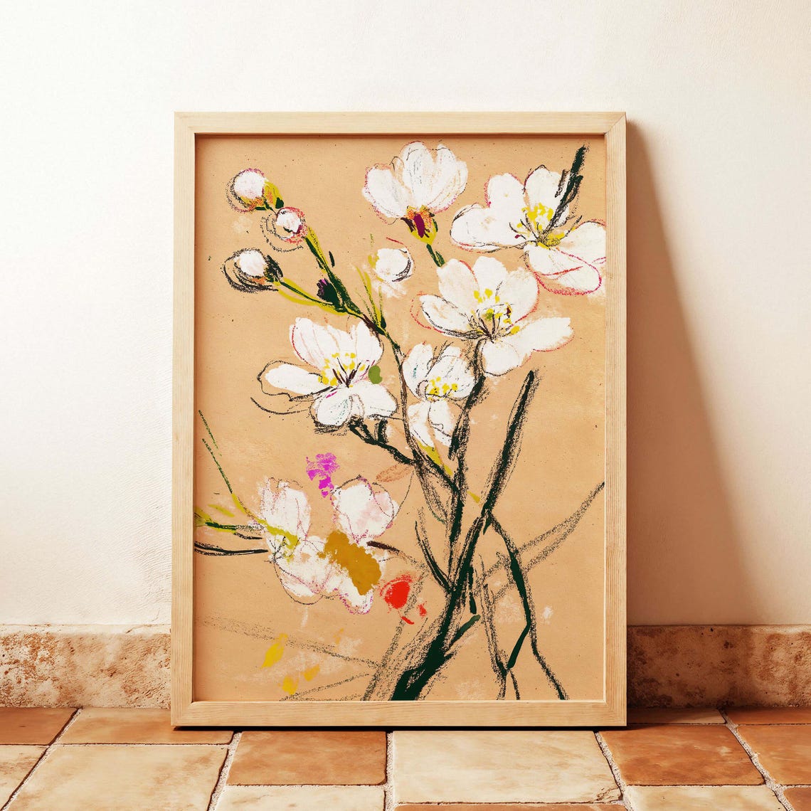 White Cherry Blossom Pastel Drawing Modern Floral Kraft Paper Wall Art