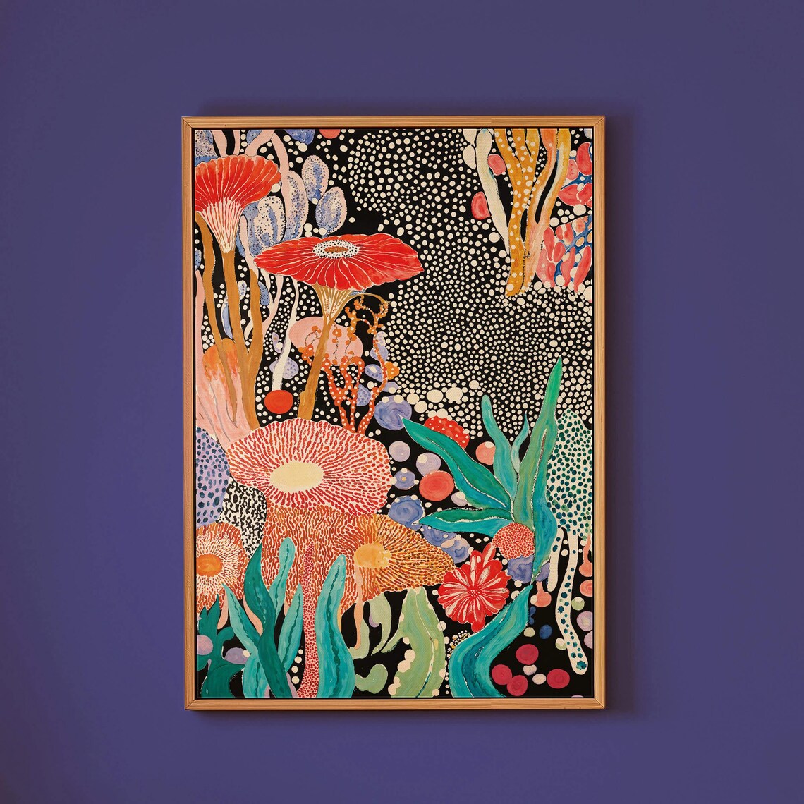 Yayoi Kusama Midnight Coral Blooms Red Pink Teal Botanical Art Poster