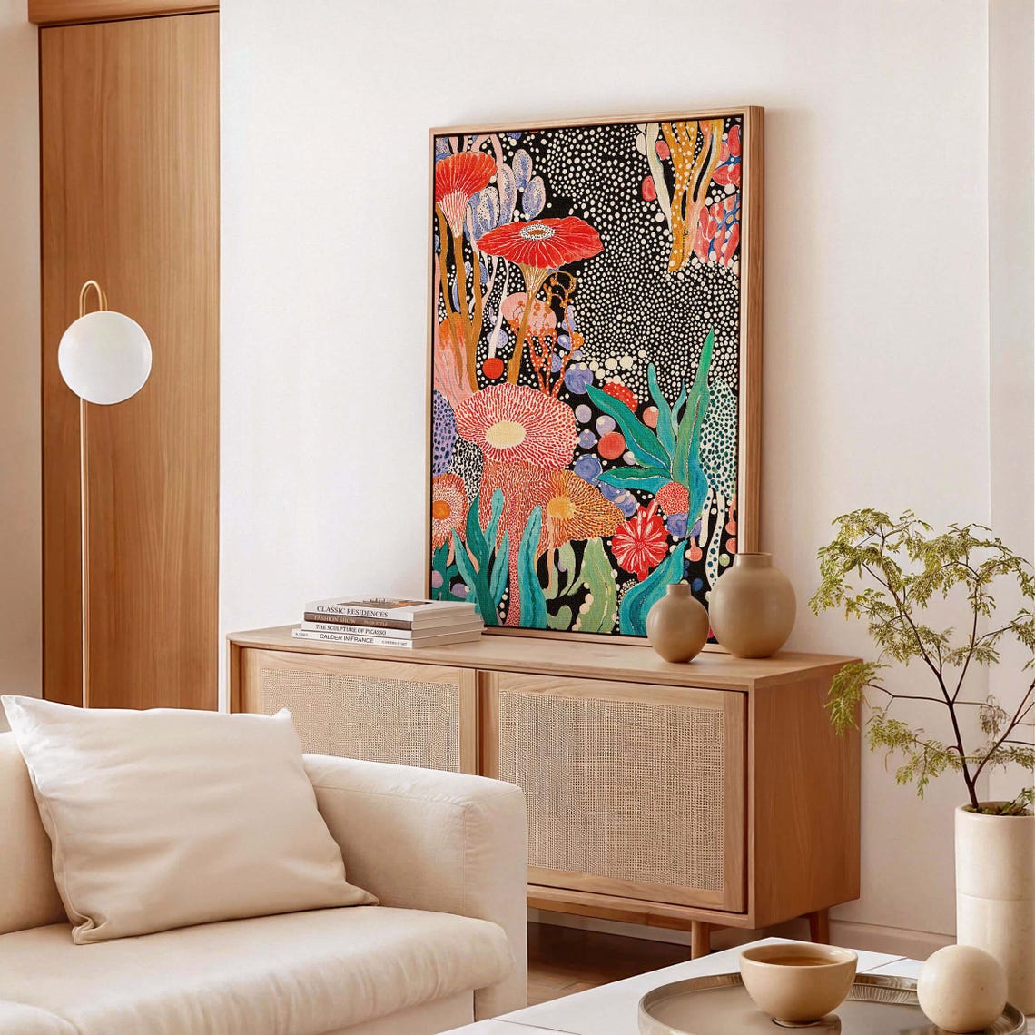 Yayoi Kusama Midnight Coral Blooms Red Pink Teal Botanical Art Poster - Image 3