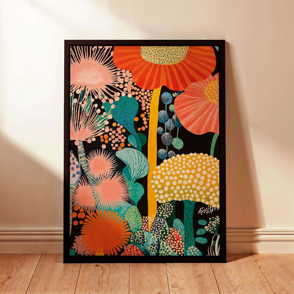 Orange Poppy Coral Daisy Dotted Floral Abstract Poster in Black Frame