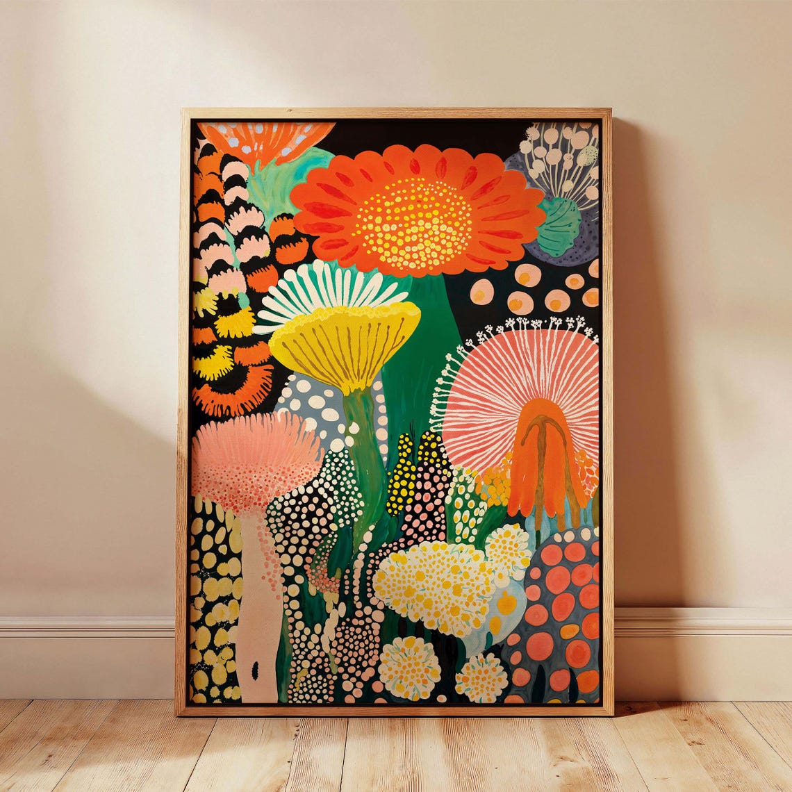 Kusama Inspired Large Dotted Abstract Flowers on Black Poster