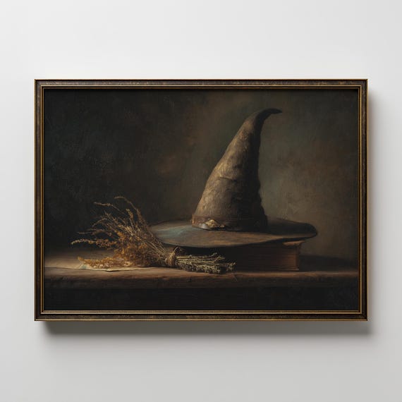 Witch Hat Still Life Painting Dark Academia Wall Art Gothic Vintage Poster Halloween Witchy Decor Occult Mystic Artwork