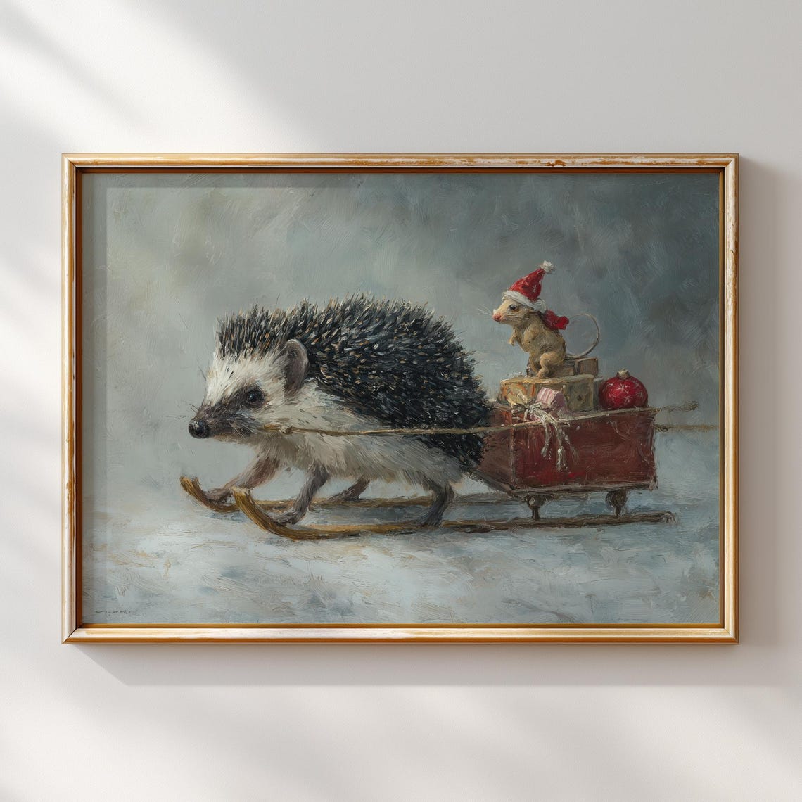 Christmas Hedgehog Pulling Sled With Mouse In Santa Hat Holiday Poster