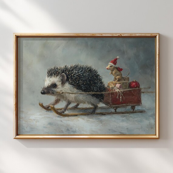 Christmas Hedgehog Pulling Sled With Mouse In Santa Hat Holiday Poster