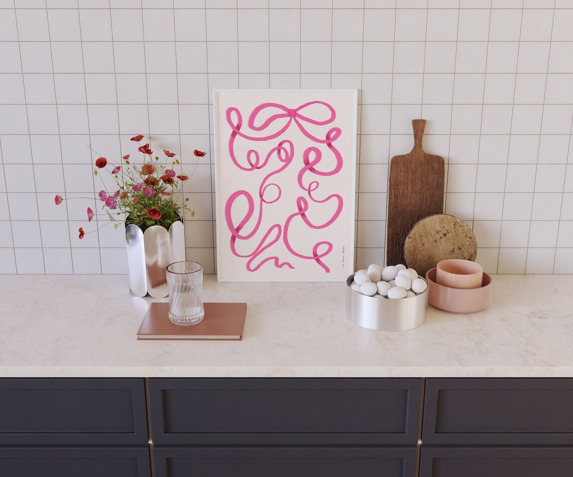 Pink Bow Art Print, Mid-Century Retro Kitchen