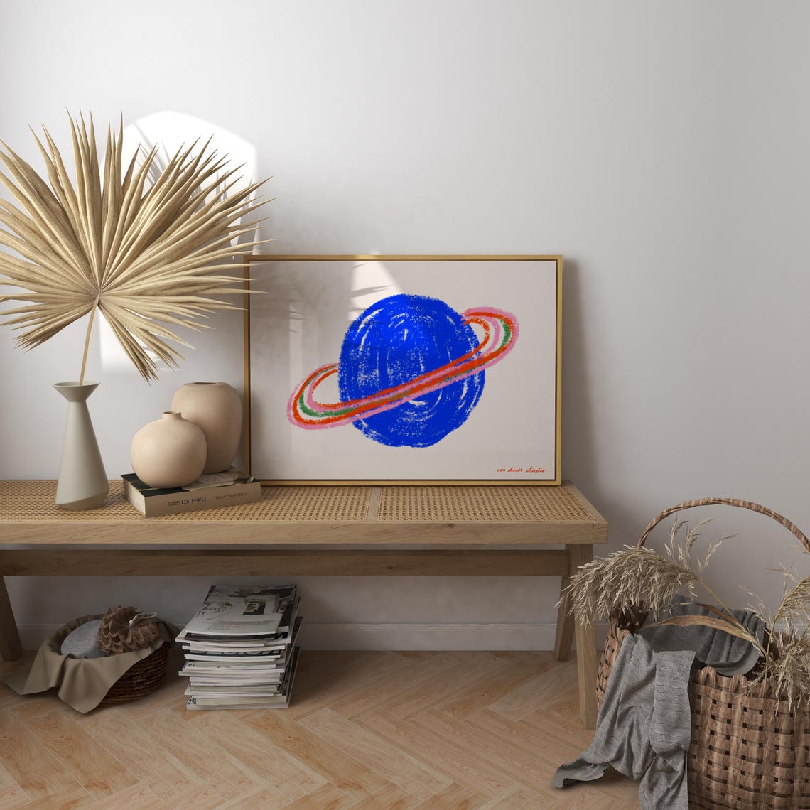 Blue Saturn Ringed Planet Playful Kids Space Minimal Art Print