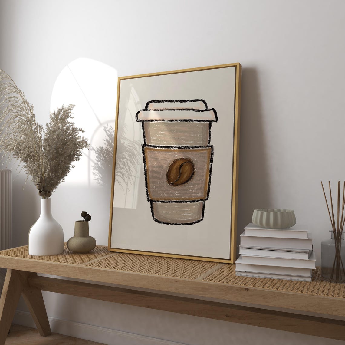 To Go Coffee Cup with Bean Minimal Sketch Kitchen Art Poster