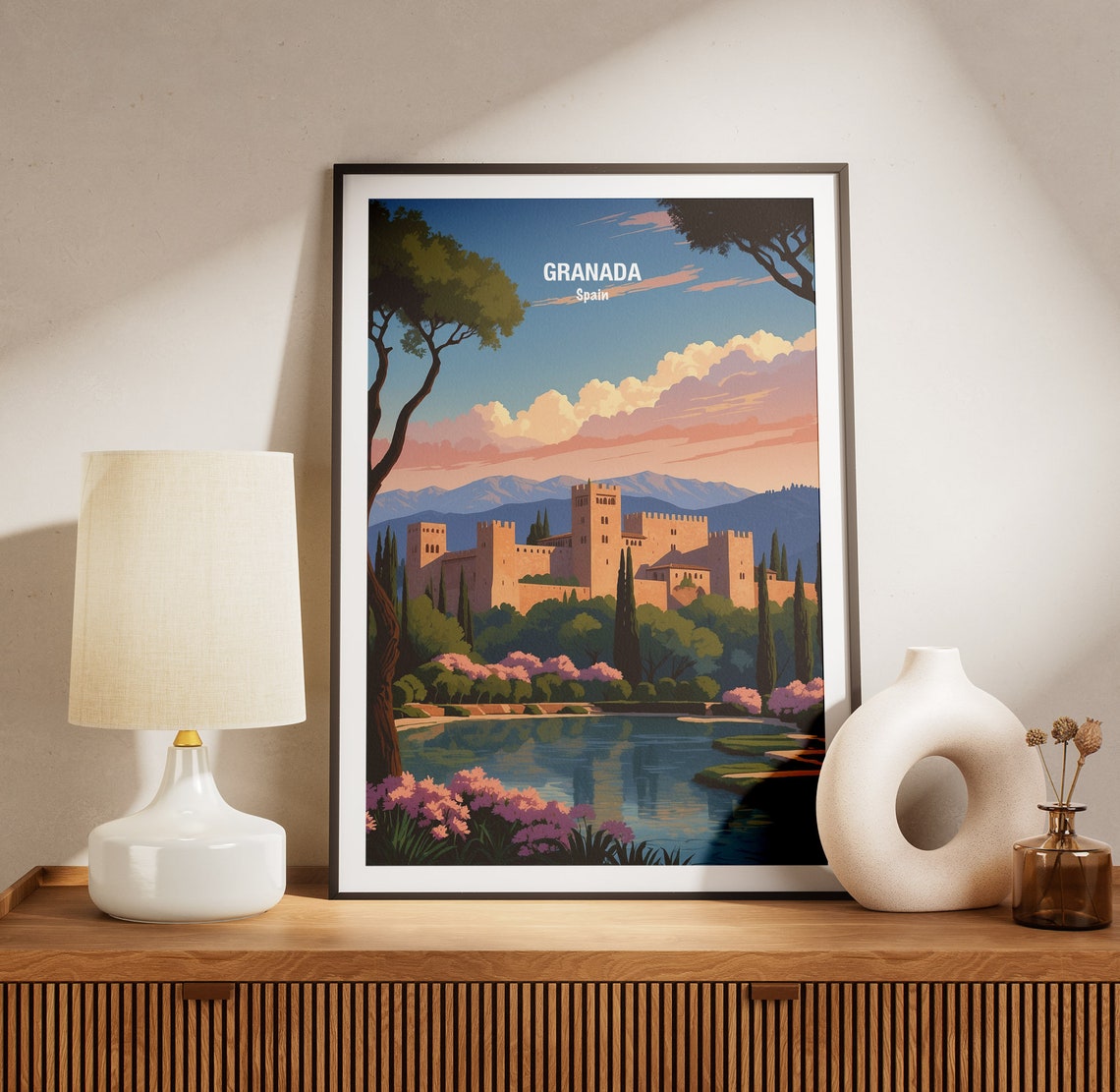 Granada Spain Alhambra Palace Sunset Pink Blossom Lake Poster - Image 3