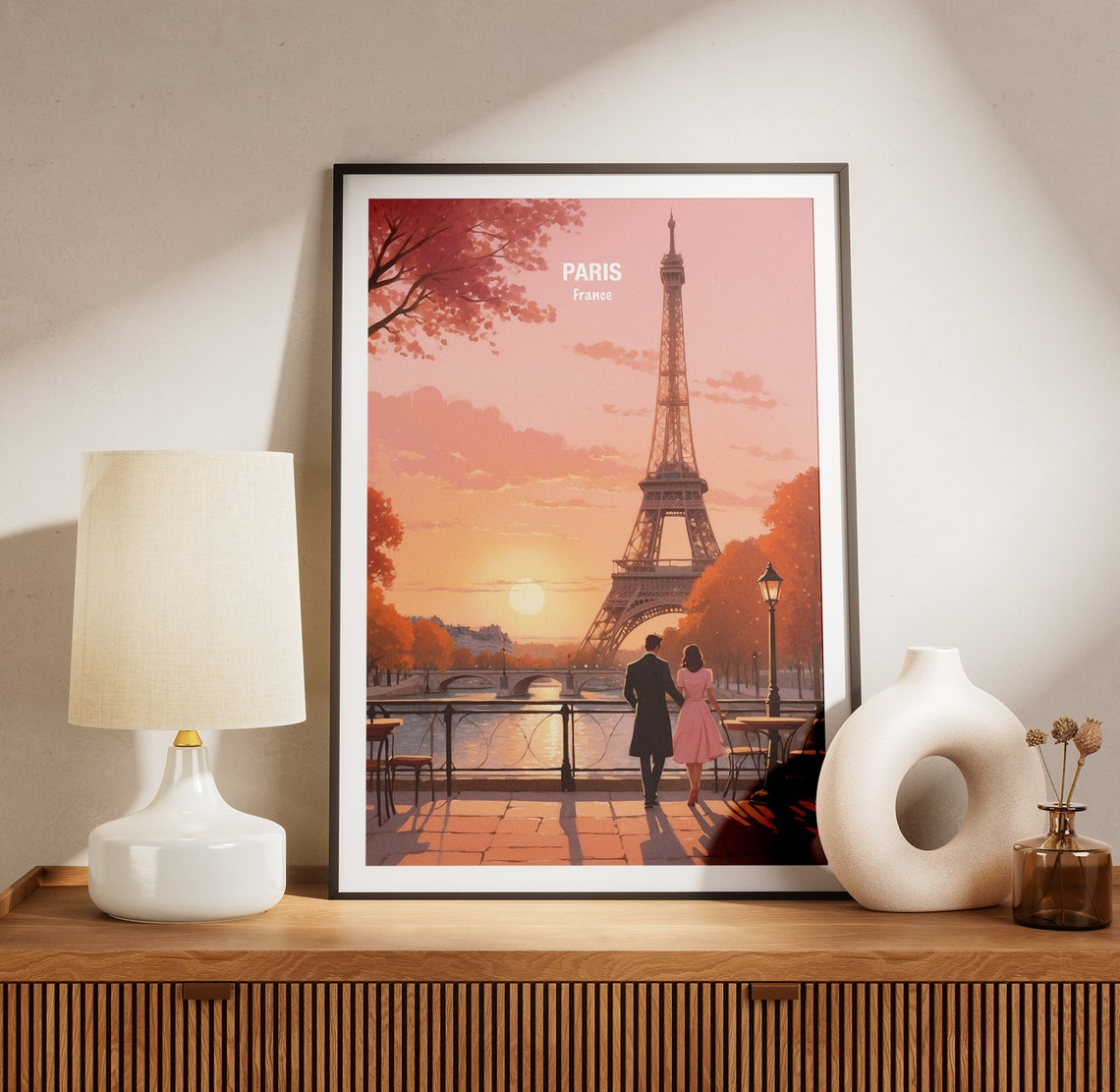 Paris Eiffel Tower Pink Sunset Riverside Couple Evening Walk Poster - Image 3