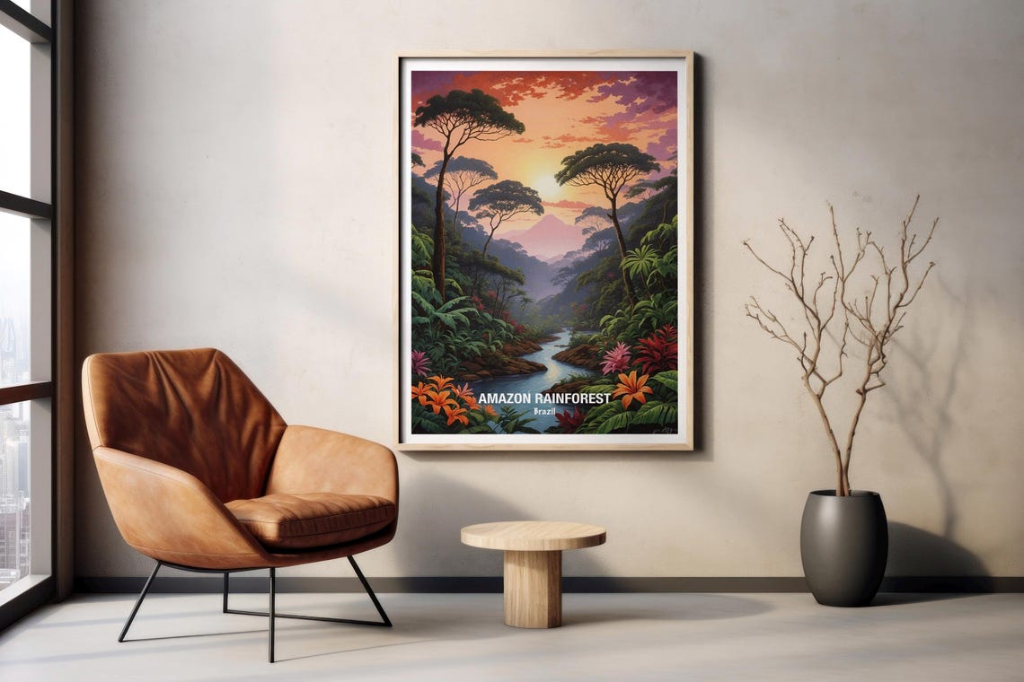 Amazon Rainforest River Valley Sunset Tropical Flowers Poster - Image 2