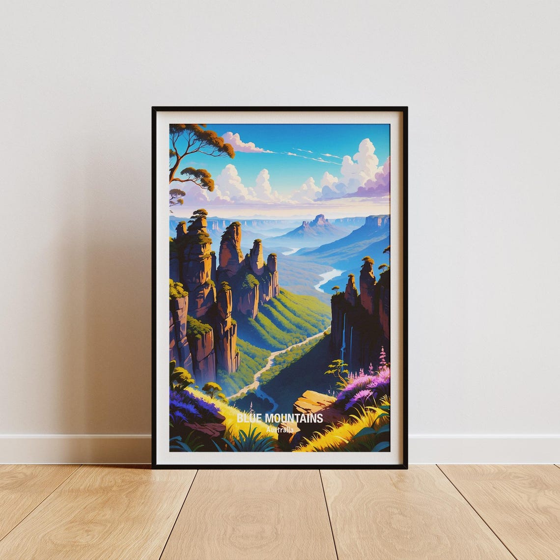Australia Blue Mountains Three Sisters Cliffs Wildflowers Poster