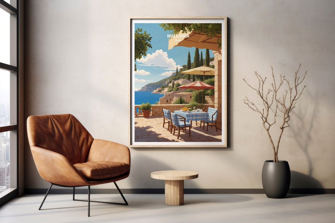 Mallorca Spain Coastal Terrace Cafe Cypress Cliffs Sea View Poster - Image 2
