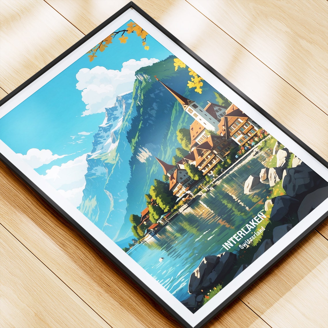 Interlaken Switzerland Lakeside Village Church Alpine Peak Poster - Image 4
