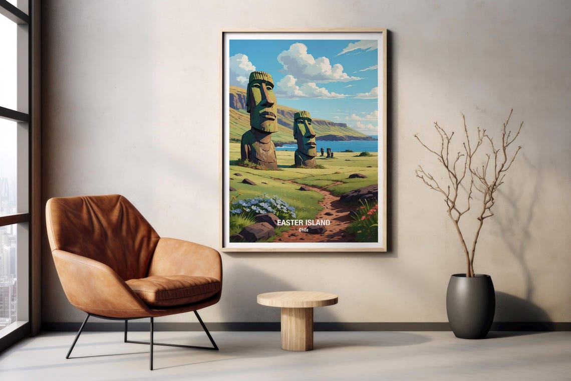 Easter Island Moai Statues On Grassy Green Chile Coastline Poster - Image 2