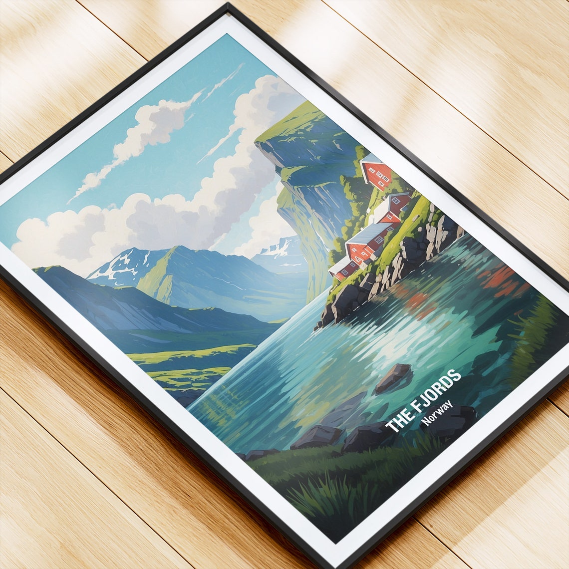Norway Fjords Red Cabins Mountain Lake Scenic Vintage Poster - Image 4