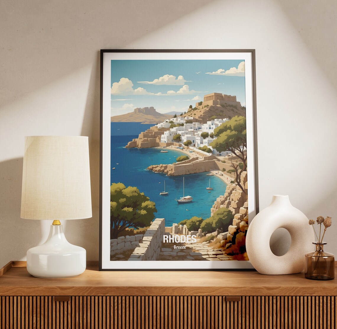 Rhodes Greece White Old Town With Harbor Fortress Above The Bay Poster - Image 3