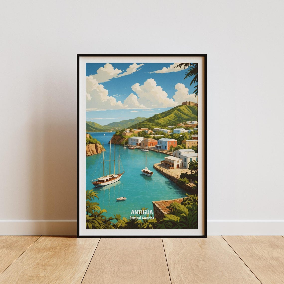 Antigua Central America Harbor Sailboats Hillside Town Poster