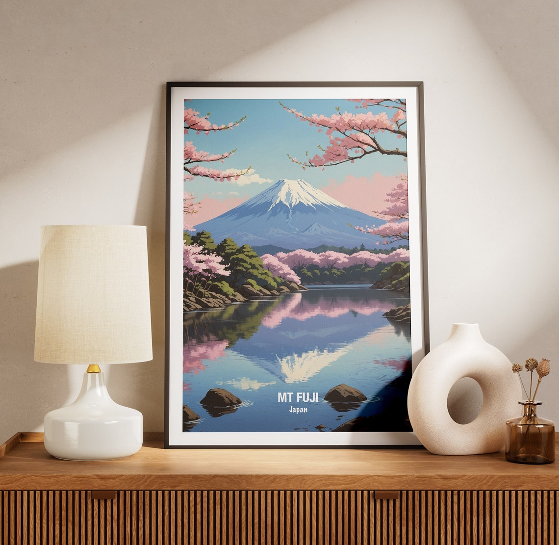 Mount Fuji Cherry Blossom Lake Reflection Japan Travel Poster - Image 3
