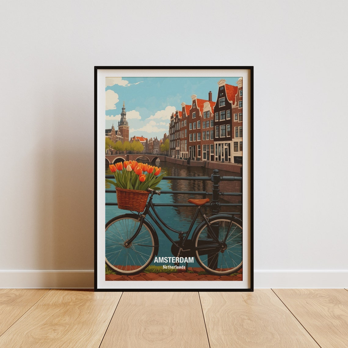 Amsterdam Netherlands Bicycle Tulips Canal Bridge City Poster