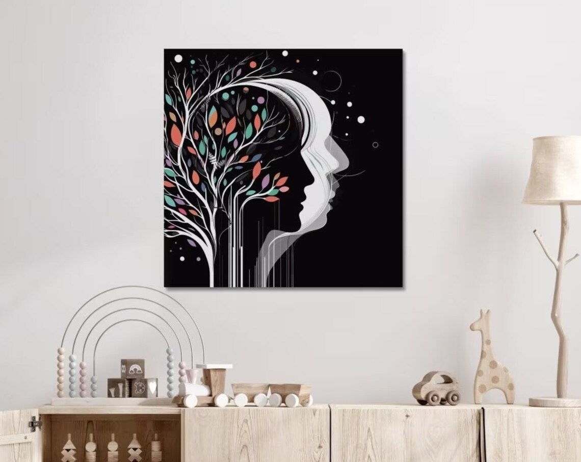 Abstract Tree And Woman Art Modern Tree Silhouette Wall Art Tree And Woman On Black And White Artwork Stretched 125