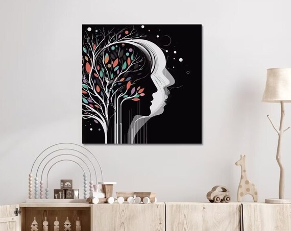 Abstract Tree And Woman Art Modern Tree Silhouette Wall Art Tree And Woman On Black And White Artwork Stretched 125