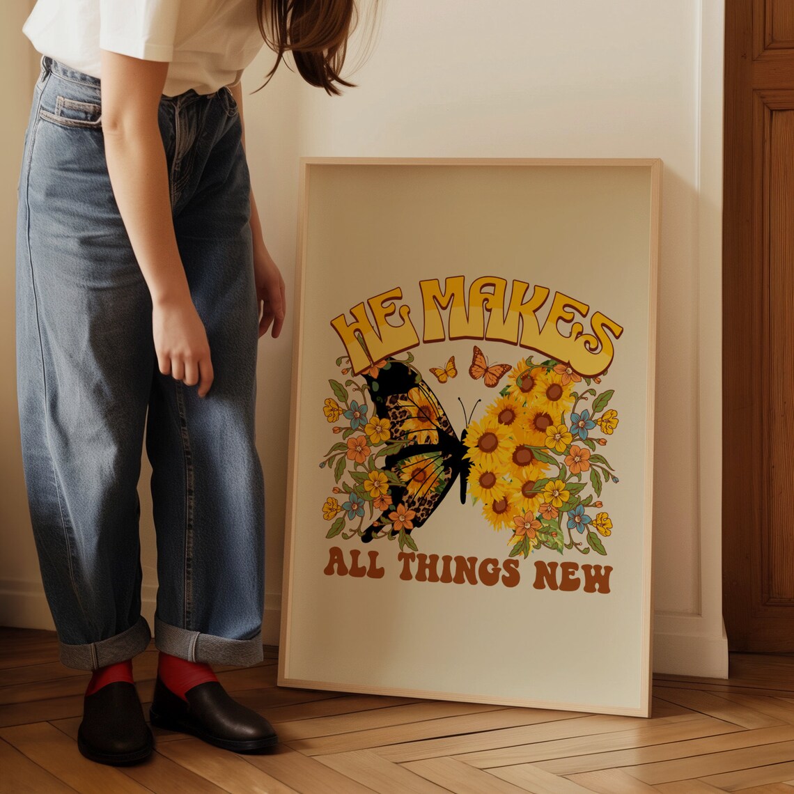 He Makes All Things New Sunflower Butterfly Retro Christian Poster - Image 2