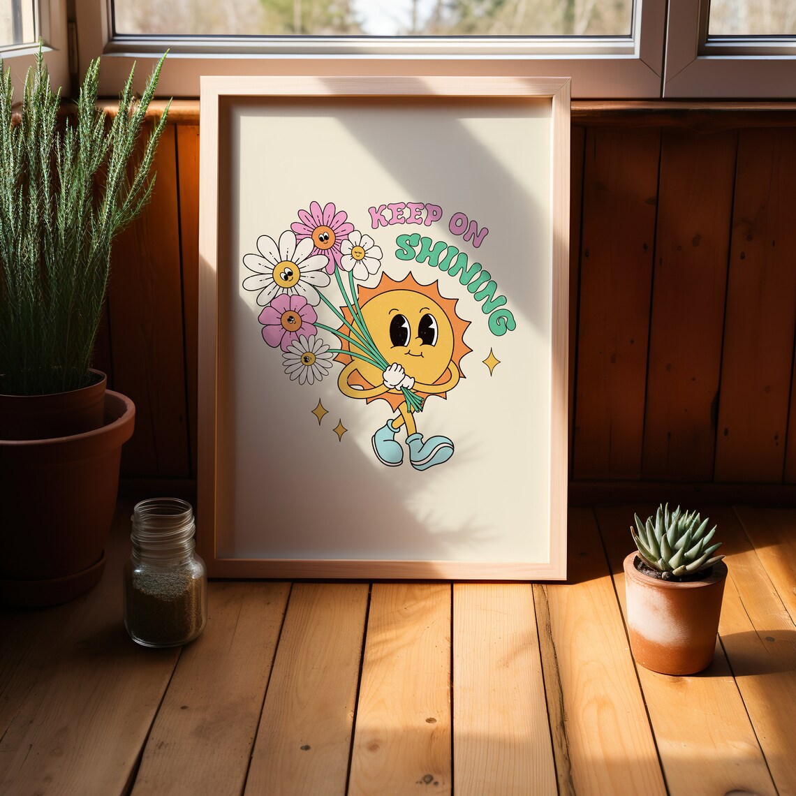 Cute Cartoon Sun Bouquet Keep On Shining Retro Quote Art Poster - Image 3