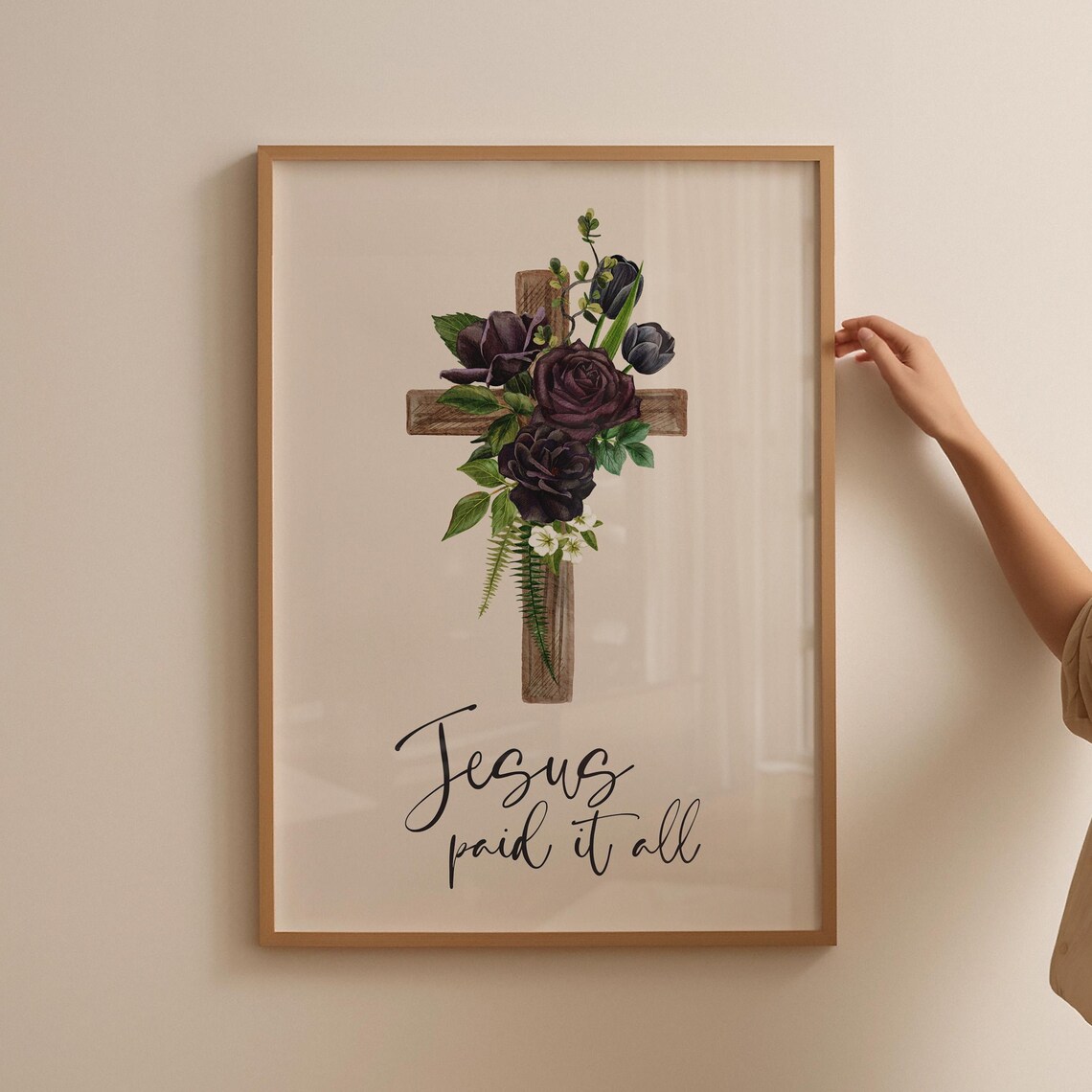 Jesus Paid It All Dark Floral Wooden Cross Christian Verse Poster - Image 4