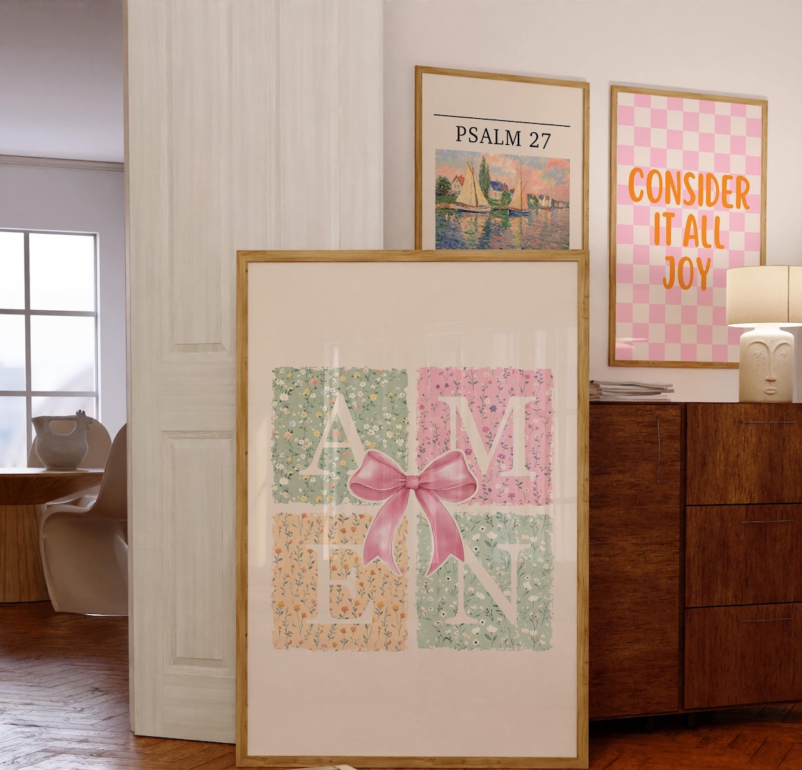 Amen Floral Patchwork Letters Pink Bow Coquette Christian Poster - Image 5