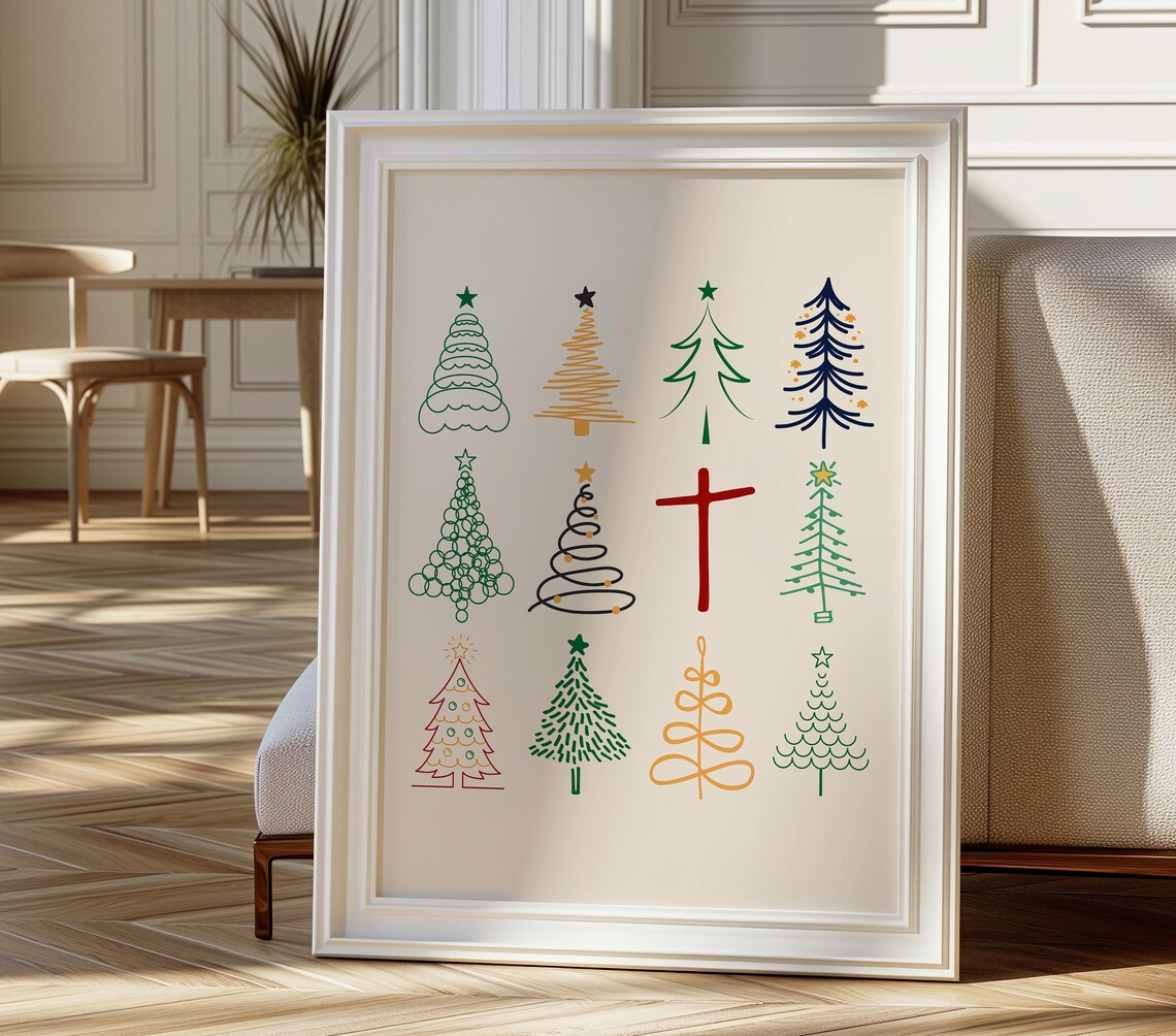 Twelve Christmas Trees Cross Holiday Line Art Christian Poster - Image 2