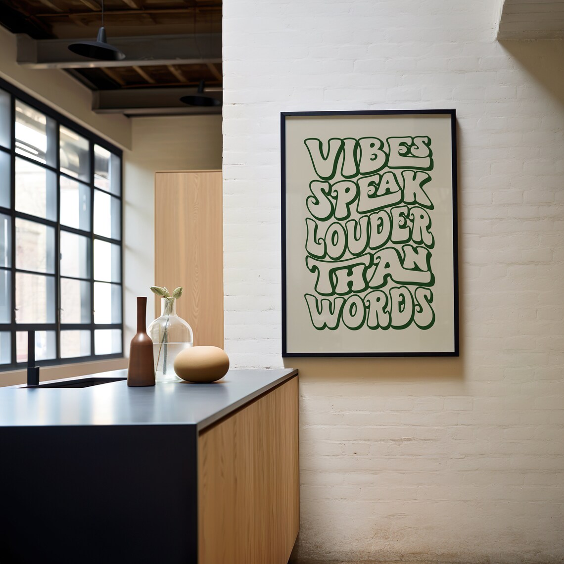Vibes Speak Louder Than Words Retro Green Groovy Quote Wall Poster - Image 4