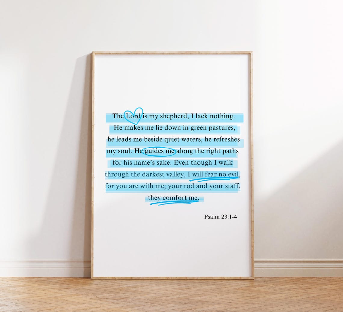 Psalm 231 4 Print Trendy Christian Wall Art Modern Scripture Wall Art Blue Highlighter Bible Verse Christian Poster