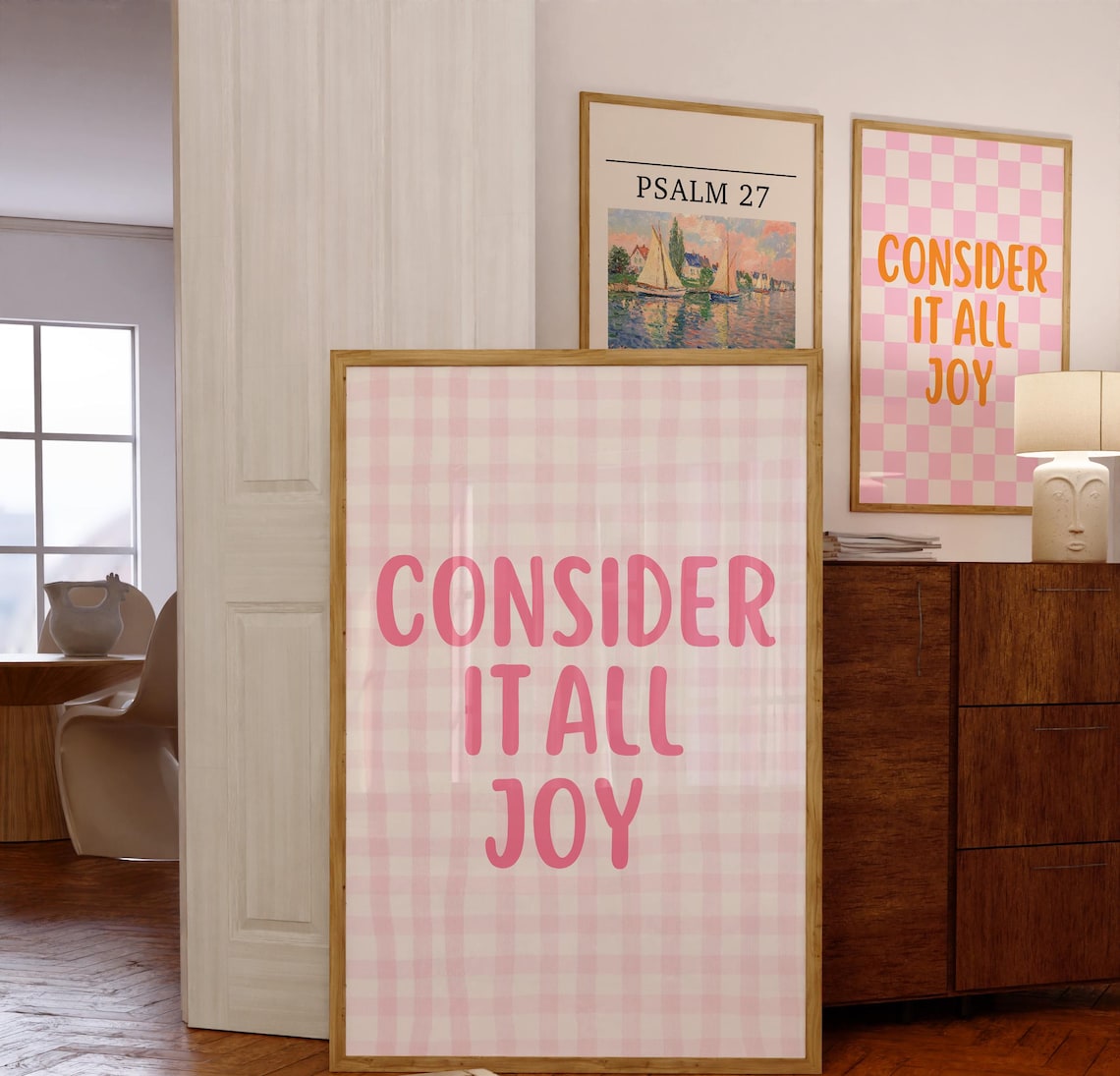 Pink Gingham Checkered Consider It All Joy Scripture Verse Poster - Image 2