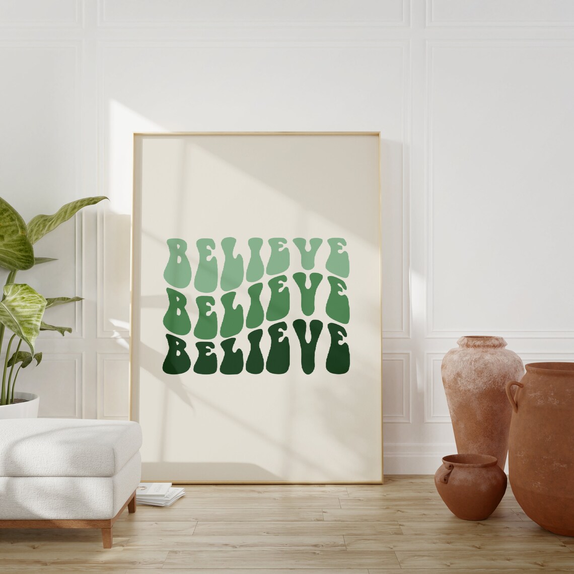 Believe Stacked Green Wavy Groovy Retro Typography Quote Poster - Image 3